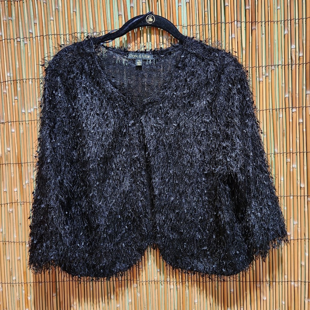 Semi Sheer Black Crop Open Cardigan Soft Shrug Ribbon Fringe Avant Garde Punk XL